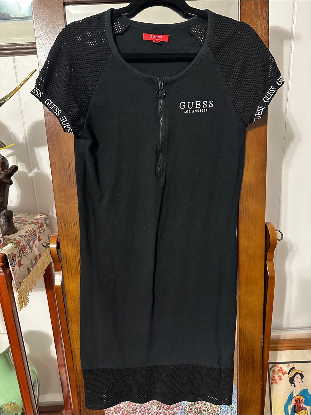 Super cute GUESS Black Mesh-Sleeve dress with zip front ring pull closure